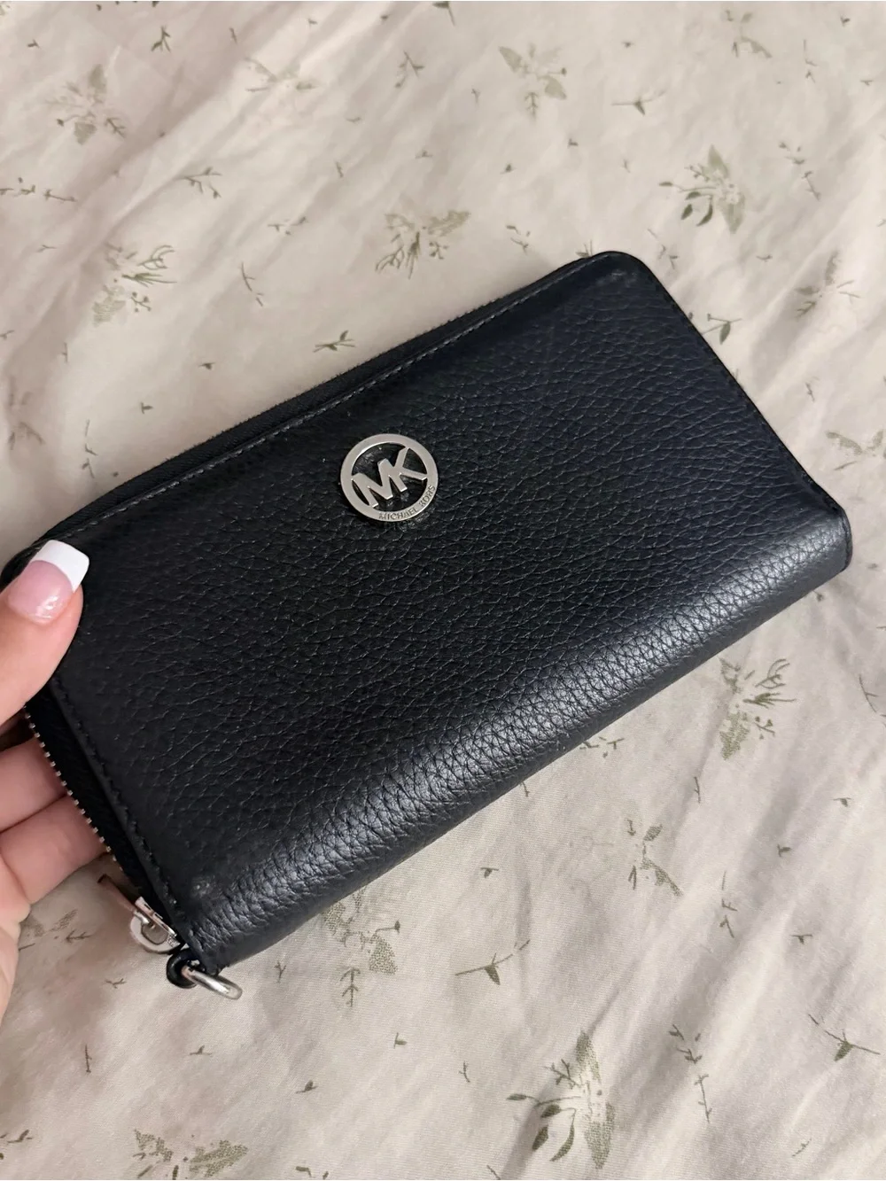 Michael Kors Black Pebbled Leather Zip Wallet with Silver MK Emblem